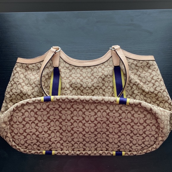 Coach Signature Devin Shoulder Bag - Brown with Blue and Yellow Stripe - Picture 3 of 9